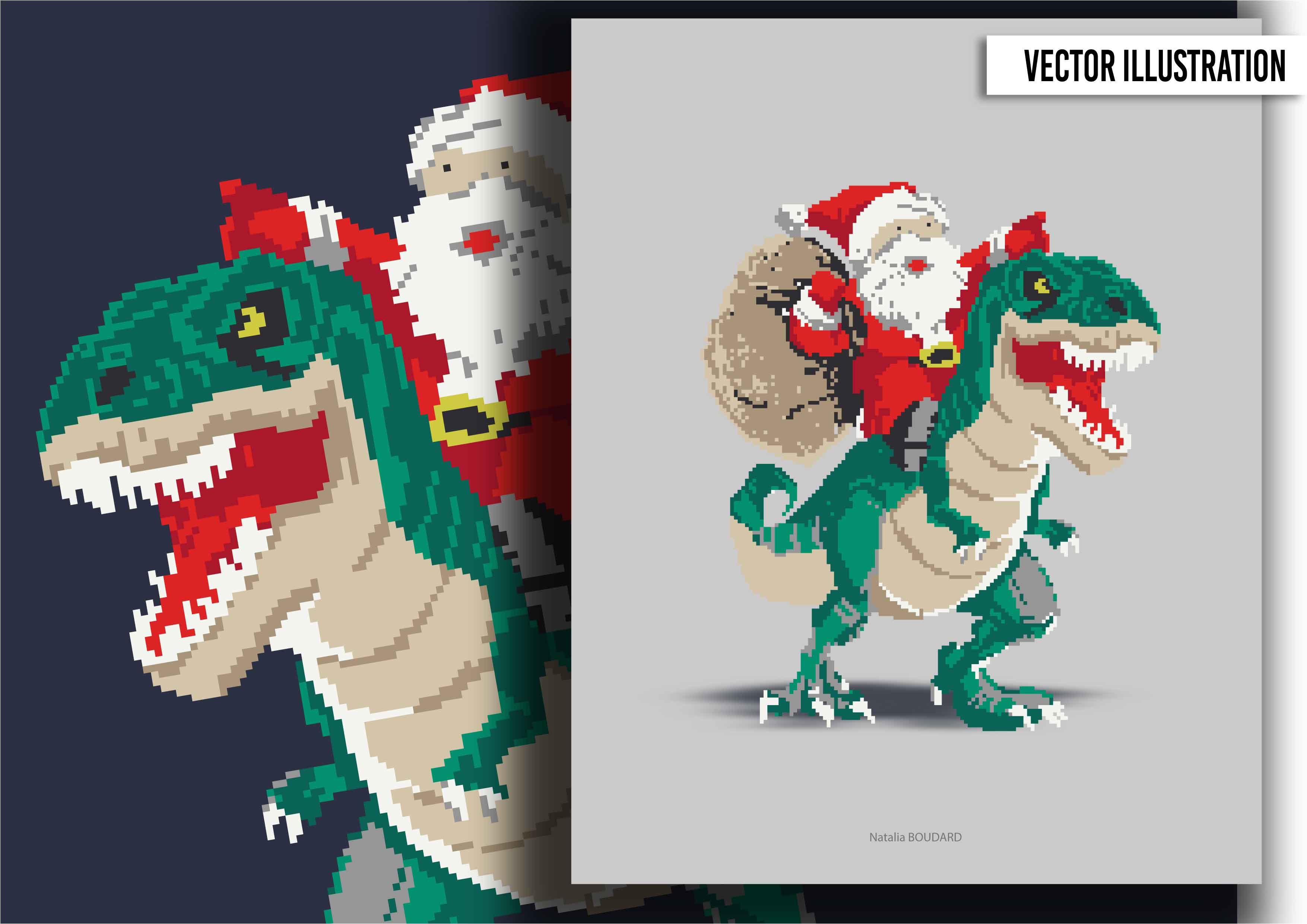 Création d'un motif au raccord « Père Noël chevauchant un dinosaure ». Logiciels: Illustrator. Client: enseigne russe de prêt-à-porter