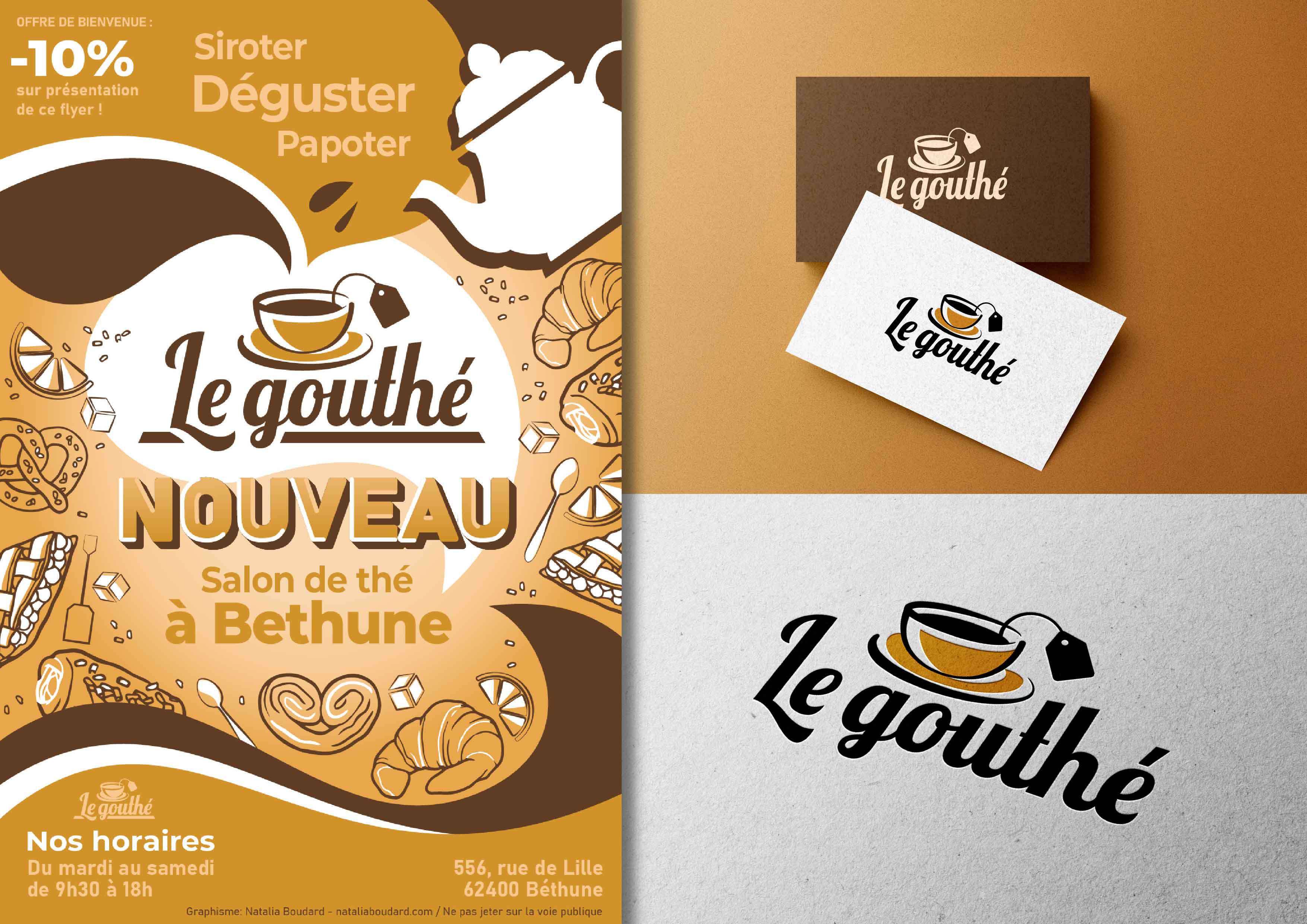 Conception de logo et de flyer pour le salon de thé Le Gouthé dans le cadre de ma formation « Concepteur Designer UI ». Logiciels: Photoshop, Illustrator