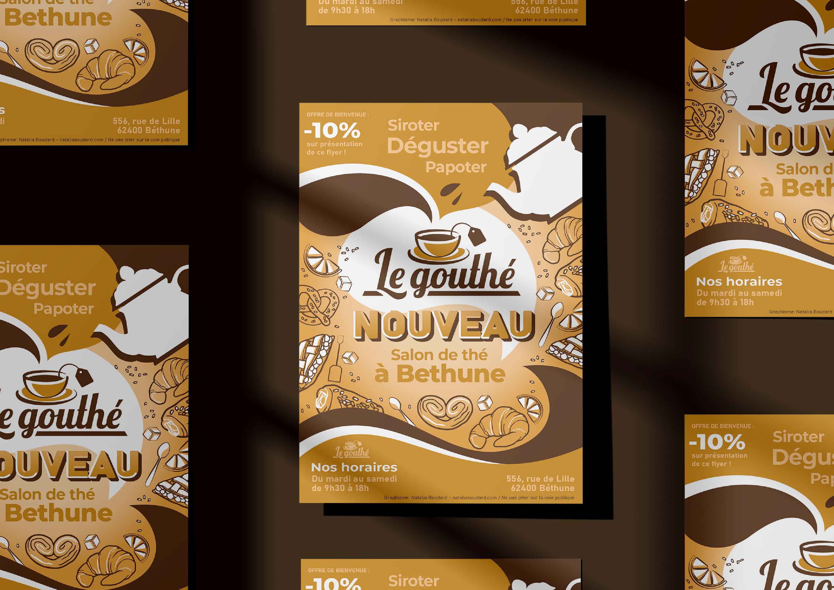 Conception de logo et de flyer pour le salon de thé Le Gouthé dans le cadre de ma formation « Concepteur Designer UI ». Logiciels: Photoshop, Illustrator