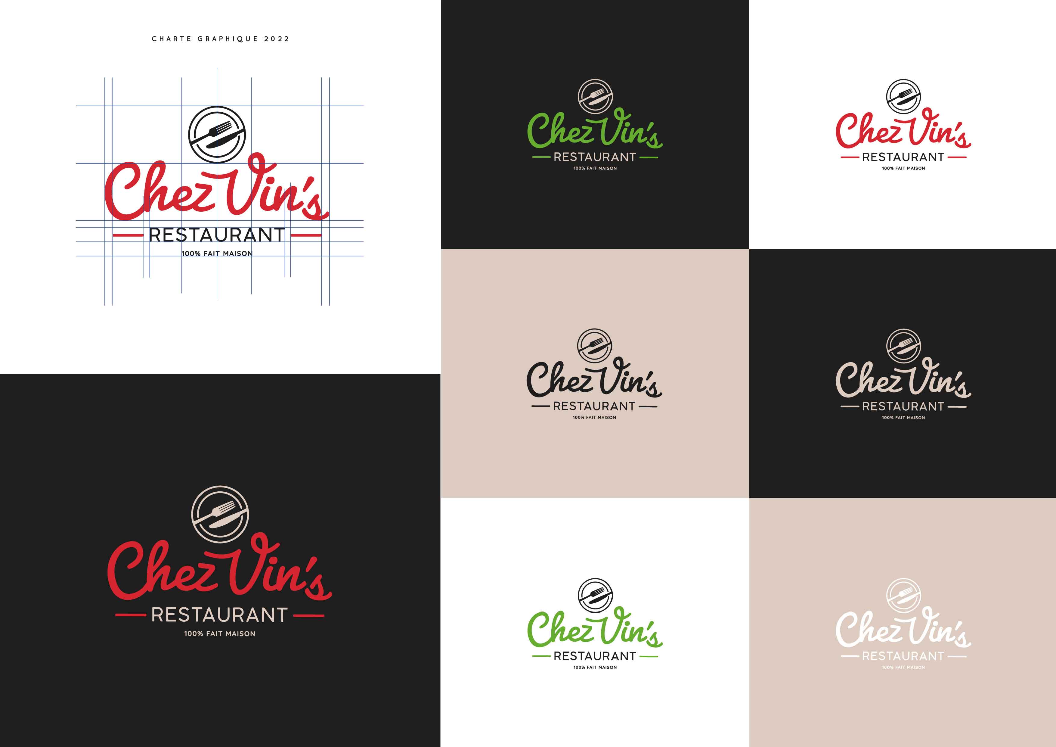 Conception de Charte Graphique de restaurant Chez Vin’s (fictif) dans le cadre de ma formation « Concepteur Designer UI » Logiciels: Photoshop, Illustrator