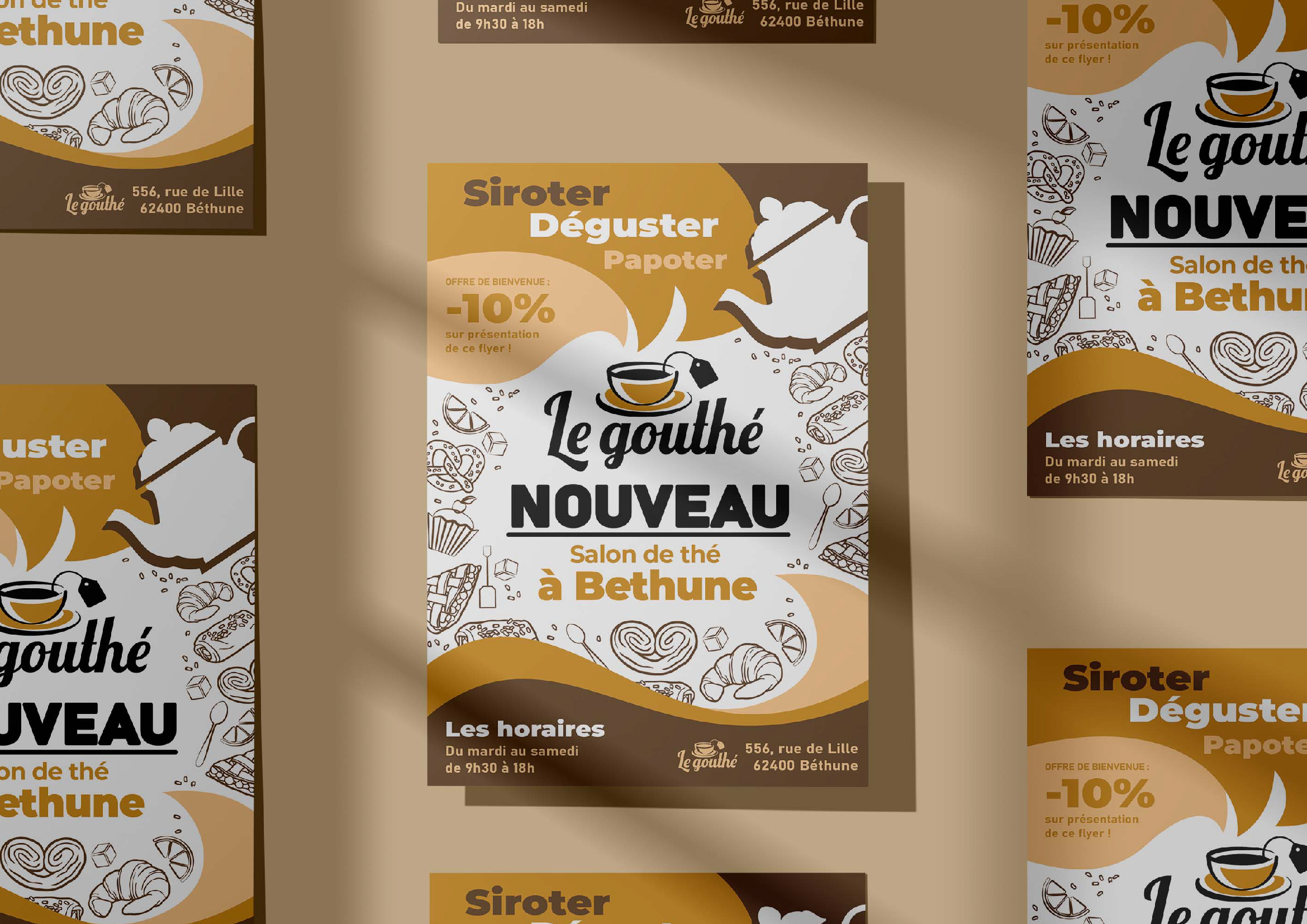 Création d'un flyer pour le salon de thé « Le Gouthé » dans le cadre de ma formation « Concepteur Designer UI ». Logiciels: Photoshop, Illustrator