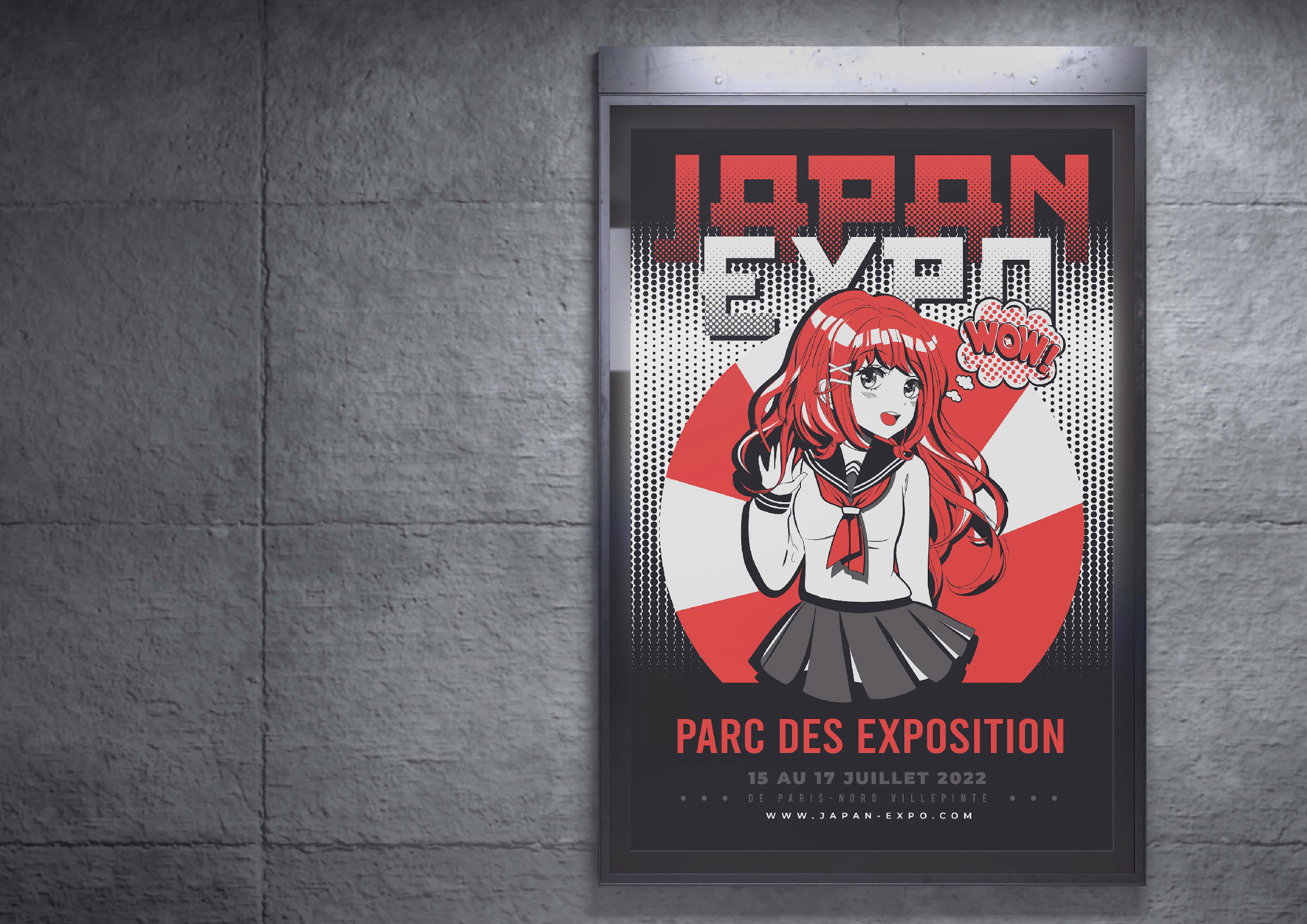 Création d'une affiche « Japan Expo » dans le cadre de ma formation « Concepteur Designer UI ». Logiciels: Photoshop, Illustrator