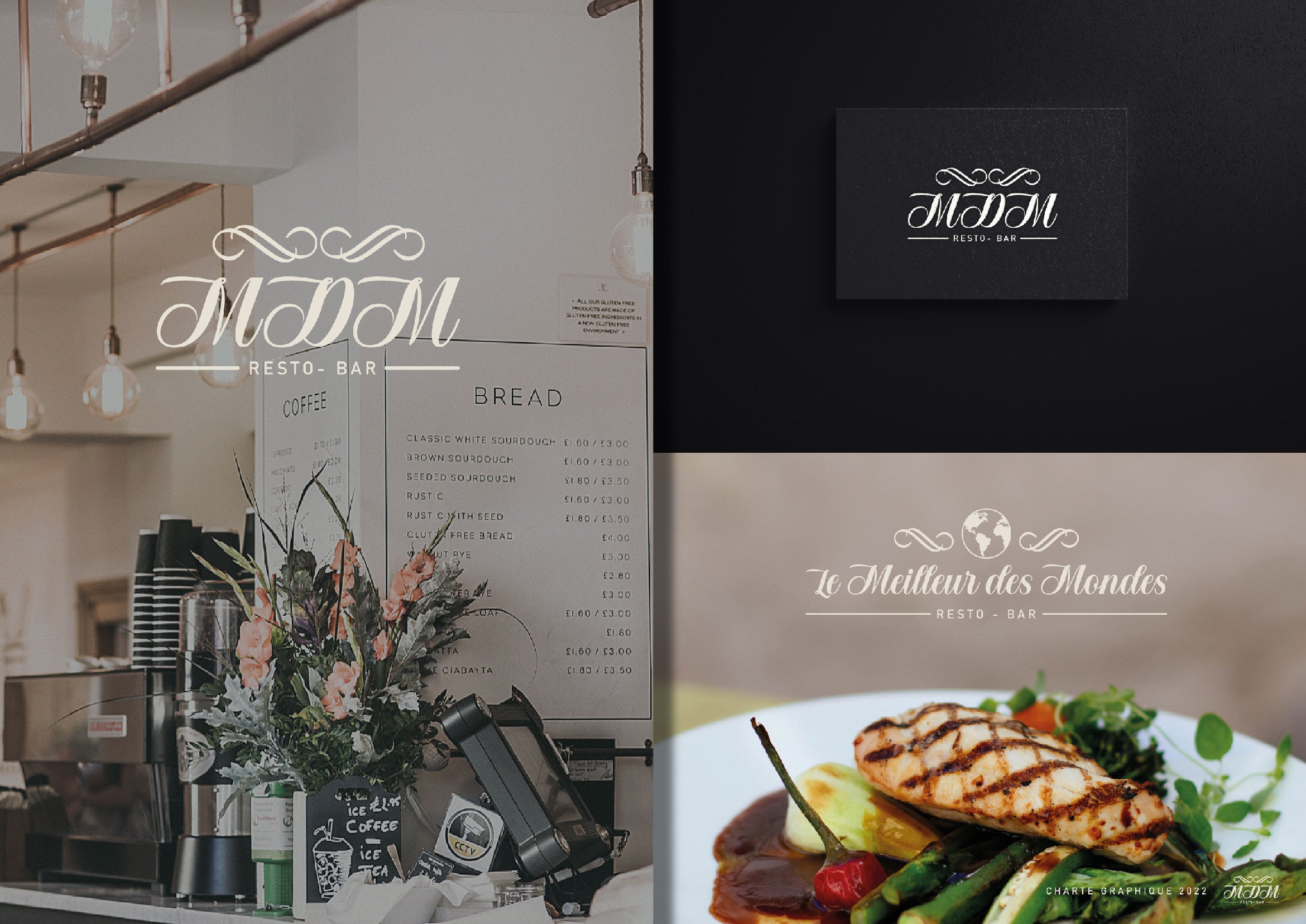 Création d'idéntité visuelle pour le restaurant « Le Meilleur des Mondes » dans le cadre de ma formation « Concepteur Designer UI ». Logiciels: Photoshop, Illustrator