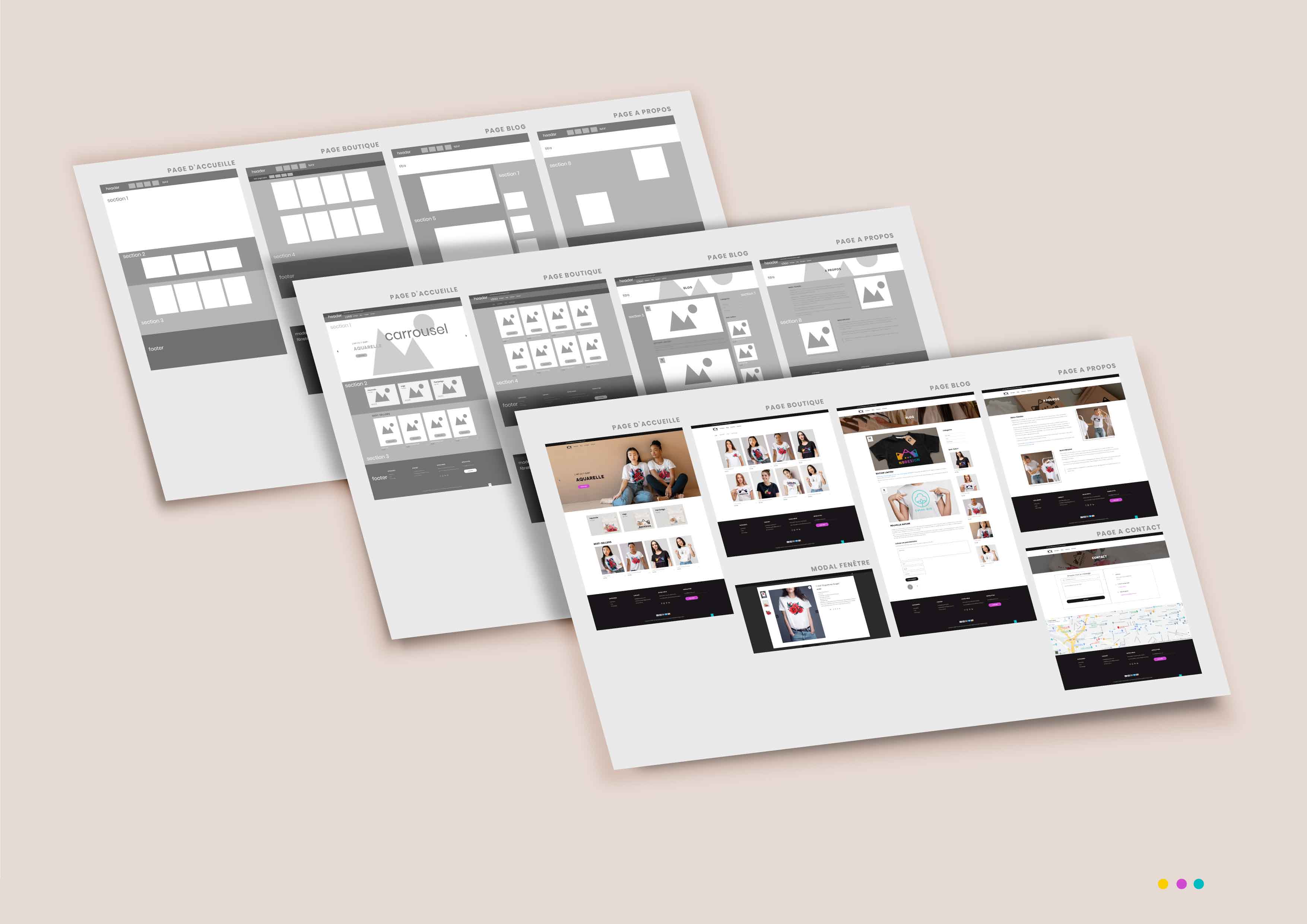 Extrait de Zoning/Wareframe/Maquettage PC de site web e-commerce NB Design.<br>Logiciels: Adobe XD, Photoshop, Illustrator, Visual Studio Code