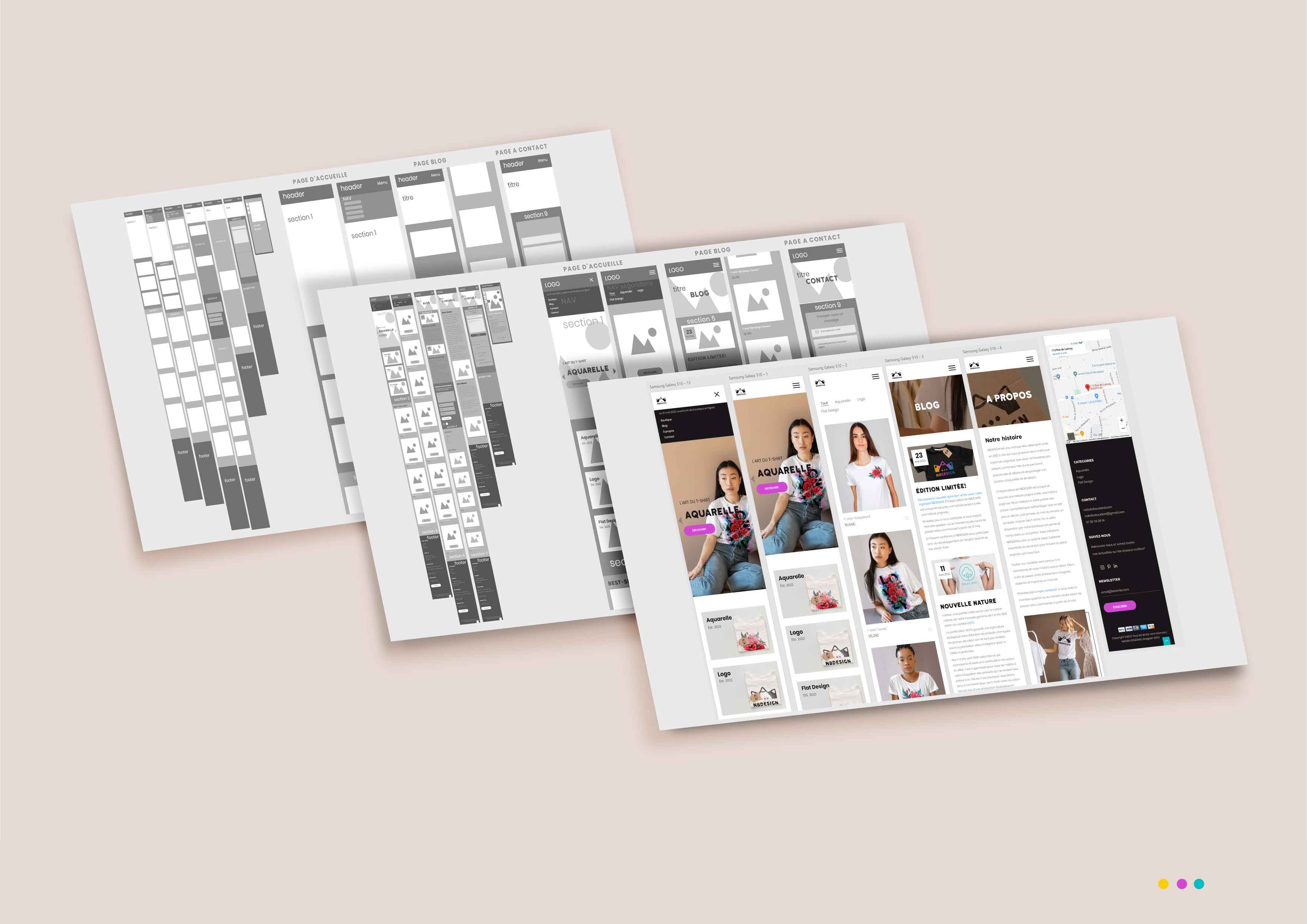 Extrait de Zoning/Wareframe/Maquettage mobile de site web e-commerce NB Design.<br>Logiciels: Adobe XD, Photoshop, Illustrator, Visual Studio Code