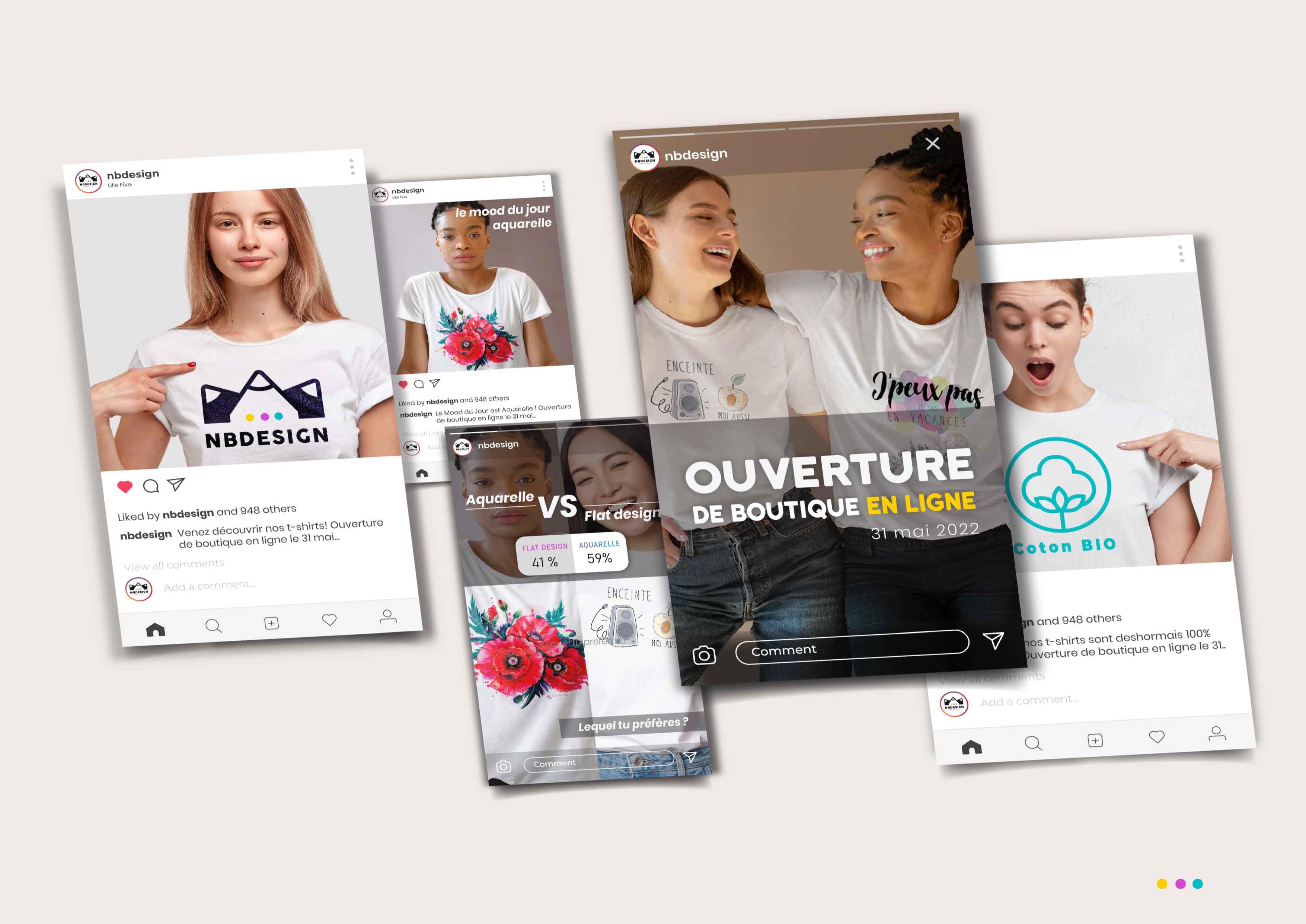 Création de contenu pour les réseaux sociaux pour le site web de e-commerce NB Design dans le cadre de ma formation « Concepteur Designer UI » Logiciels: Sendinblue, Photoshop, Illustrator