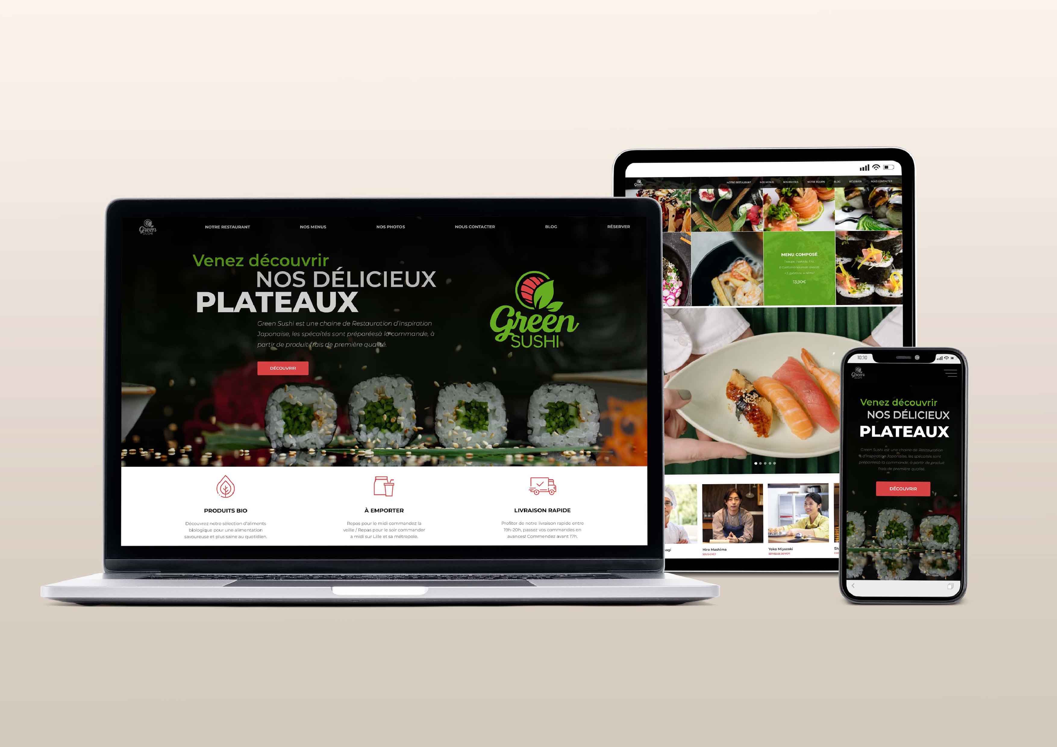 Conception de design de site web (fictif) pour Green Sushi. Logiciels: Adobe XD, Photoshop, Illustrator, Visual Studio Code