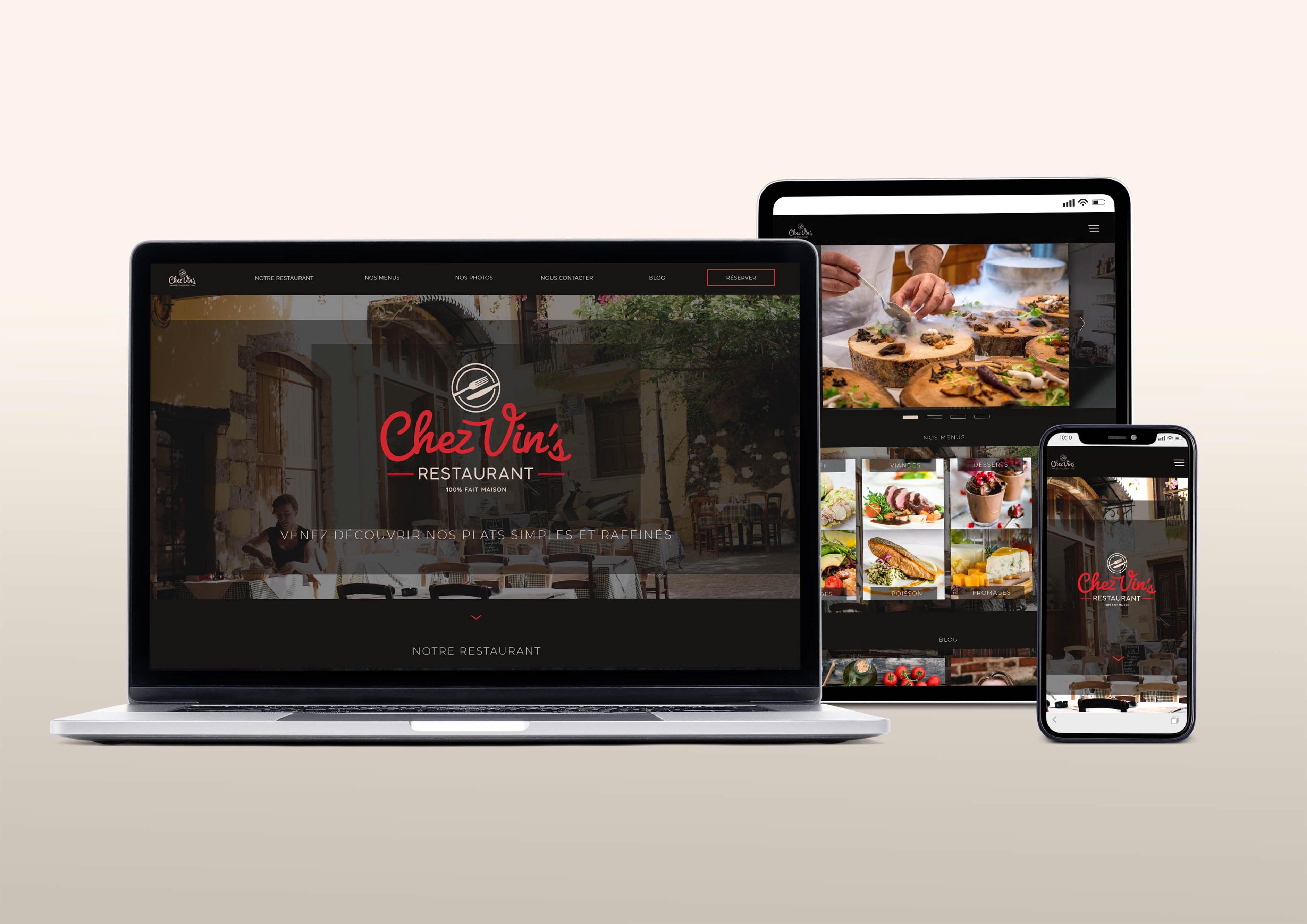 Conception de site web de restaurant Chez Vin’s (fictif) dans le cadre de ma formation « Concepteur Designer UI » Logiciels: Adobe XD, Photoshop, Illustrator, Visual Studio Code